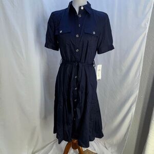 NWT Ralph Lauren spectator button front shirt dress tie Sz 8 city navy blue
